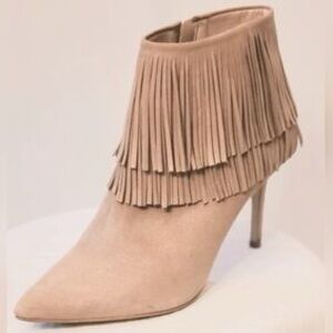 Brian Atwood tan suede fringe Nova high heel ankle boots - size 8.5 NWT